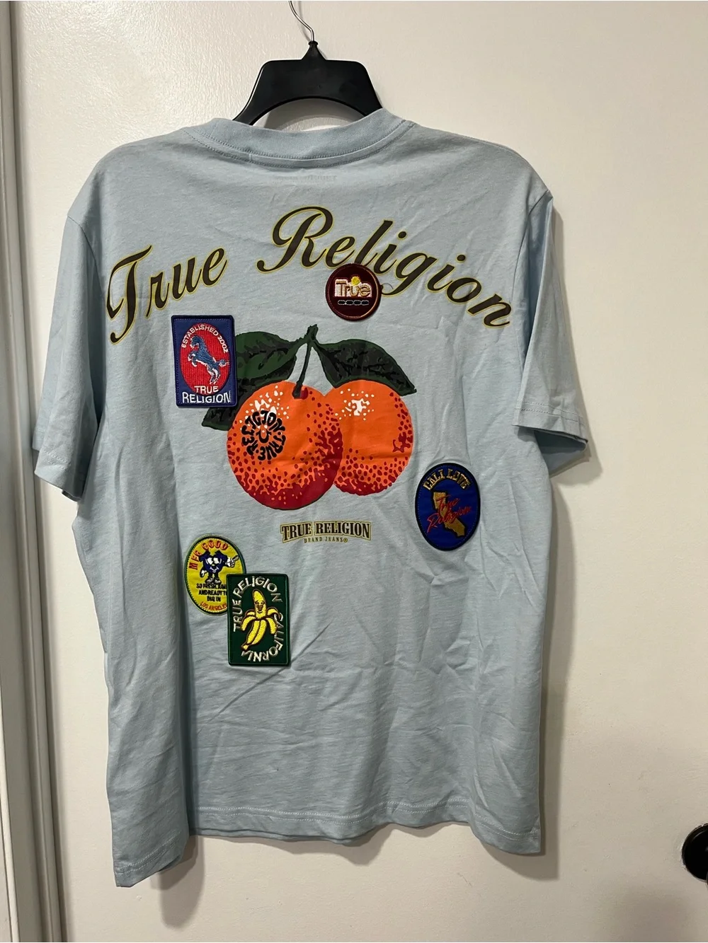 True Religion Light Blue Short-Sleeve Logo Tee with Yellow Accents